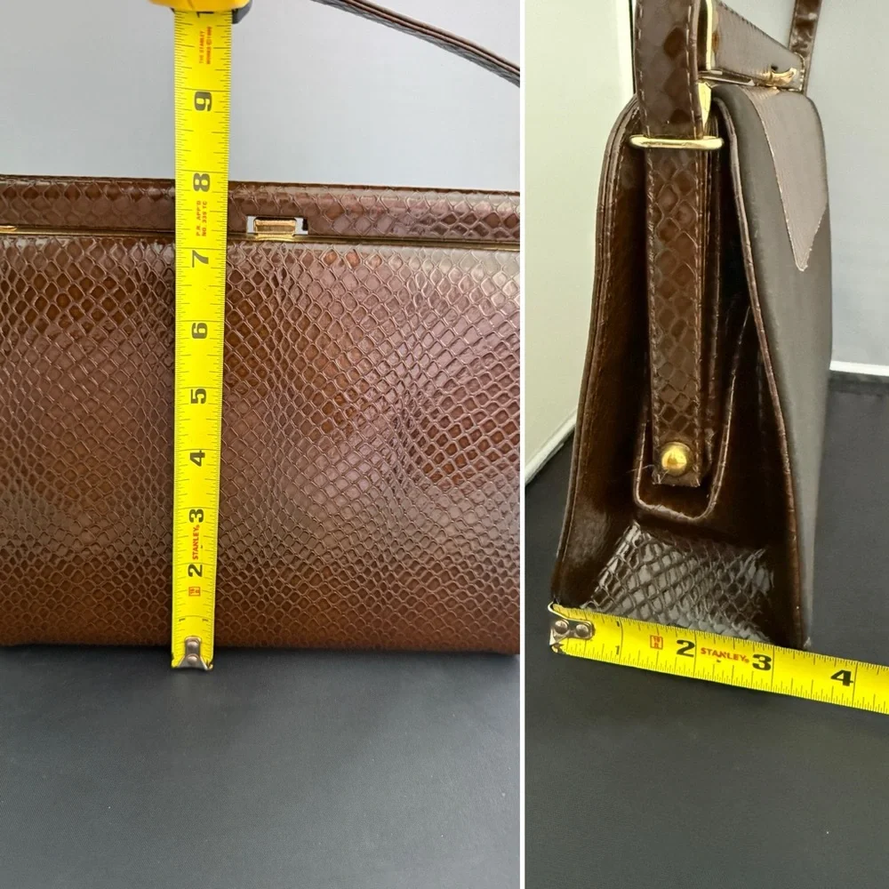 Vintage 1960s Life Stride Brown Snakeskin Embossed Top Handle Bag MCM Structured